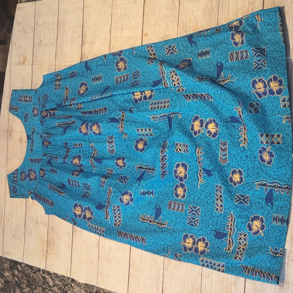 Vintage Made In Hawaii Women's Blue & Gold Sleeveless Duster Dress Size Small